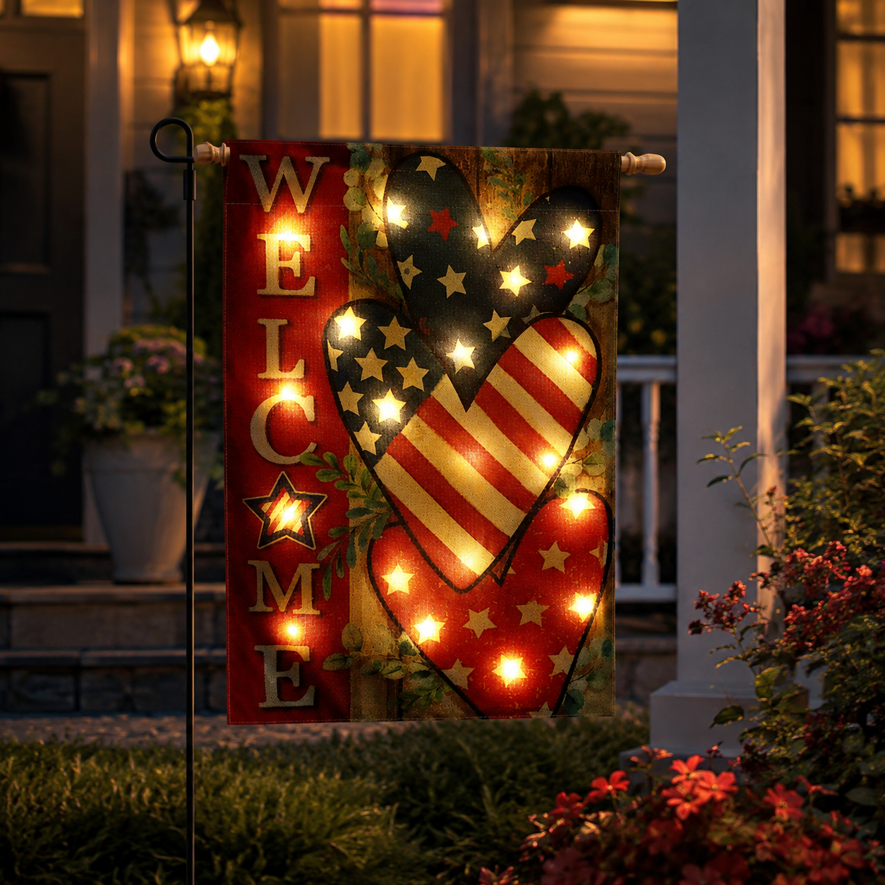 Solar Lighted Patriotic Welcome Garden Flag