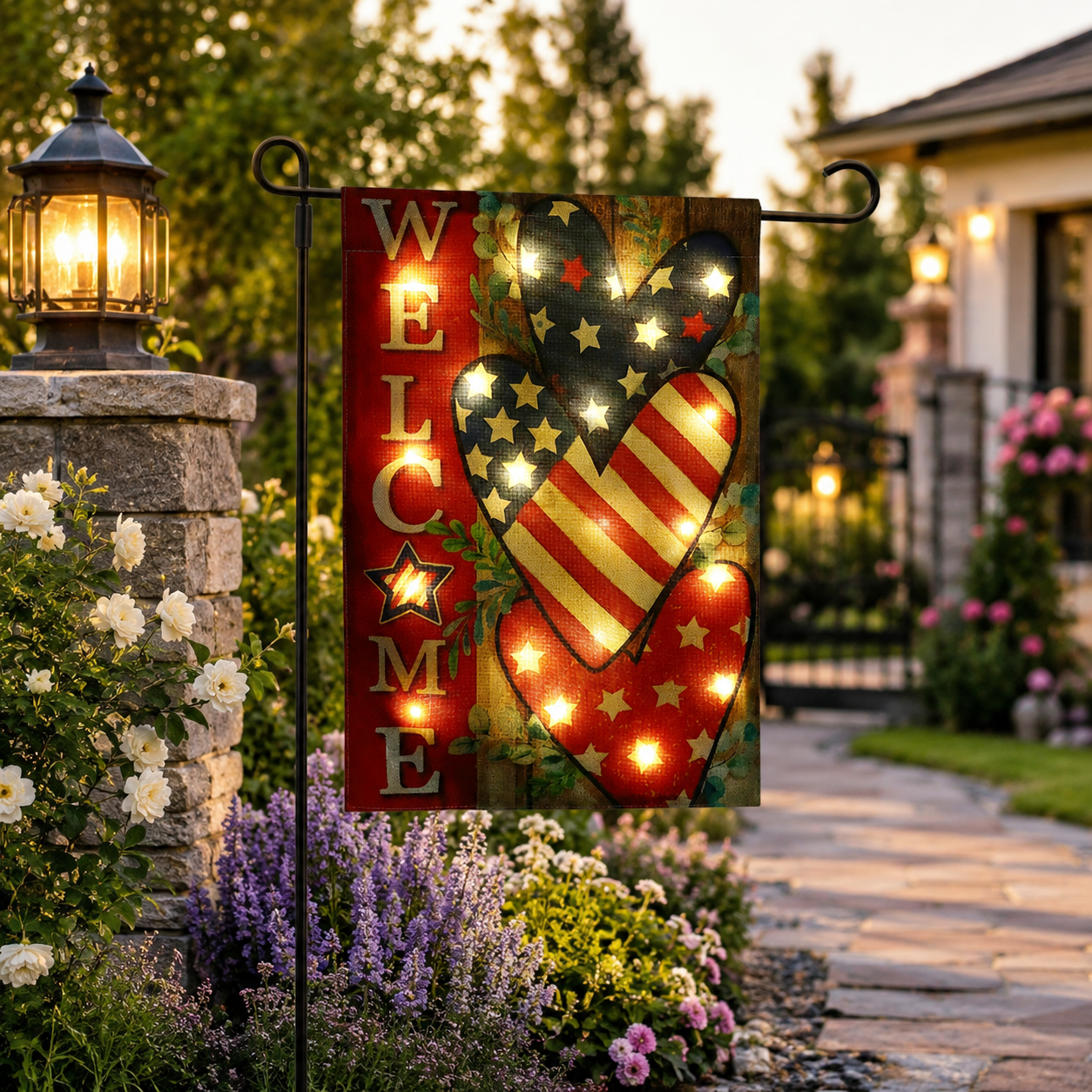 Solar Lighted Patriotic Welcome Garden Flag