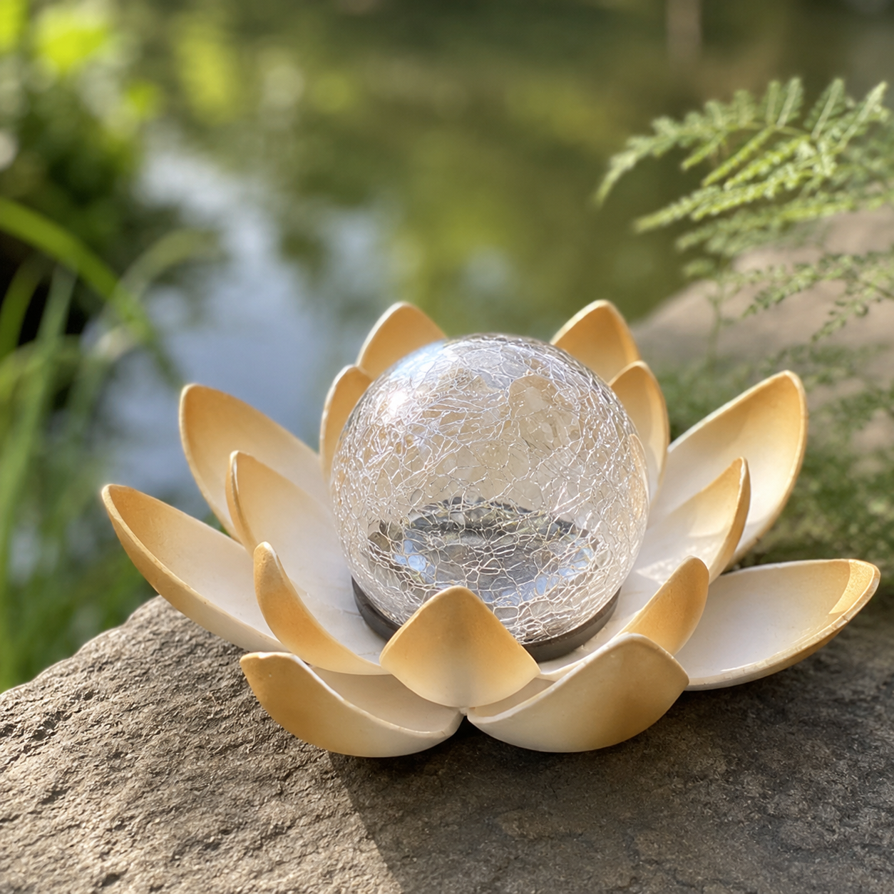Solar Lotus Garden Light with Warm Crackle Glass Glow
