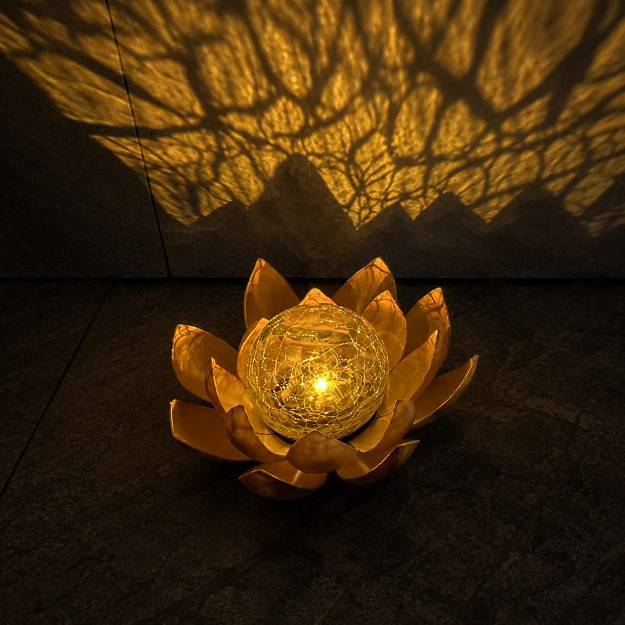 Solar Lotus Garden Light with Warm Crackle Glass Glow