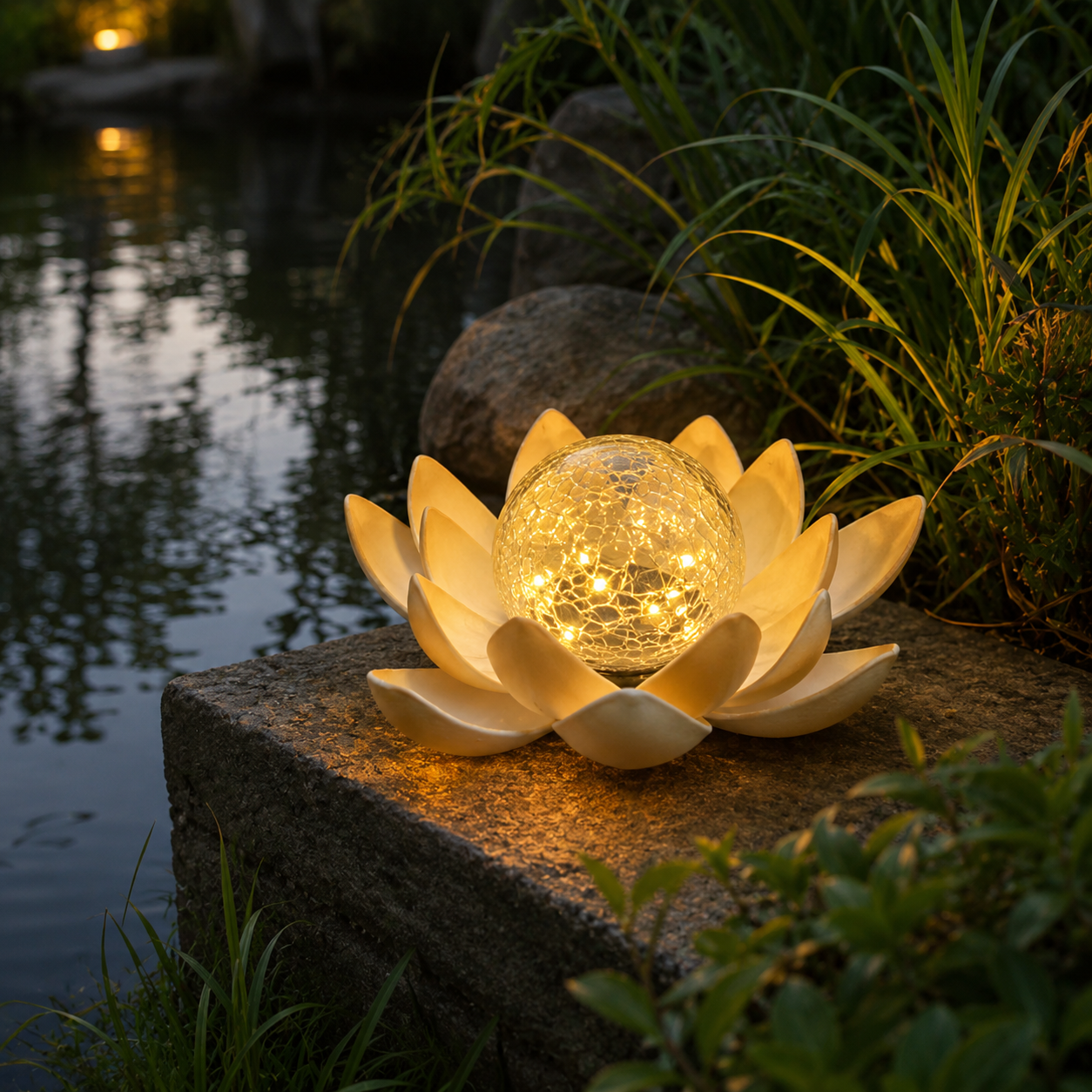 Solar Lotus Garden Light with Warm Crackle Glass Glow