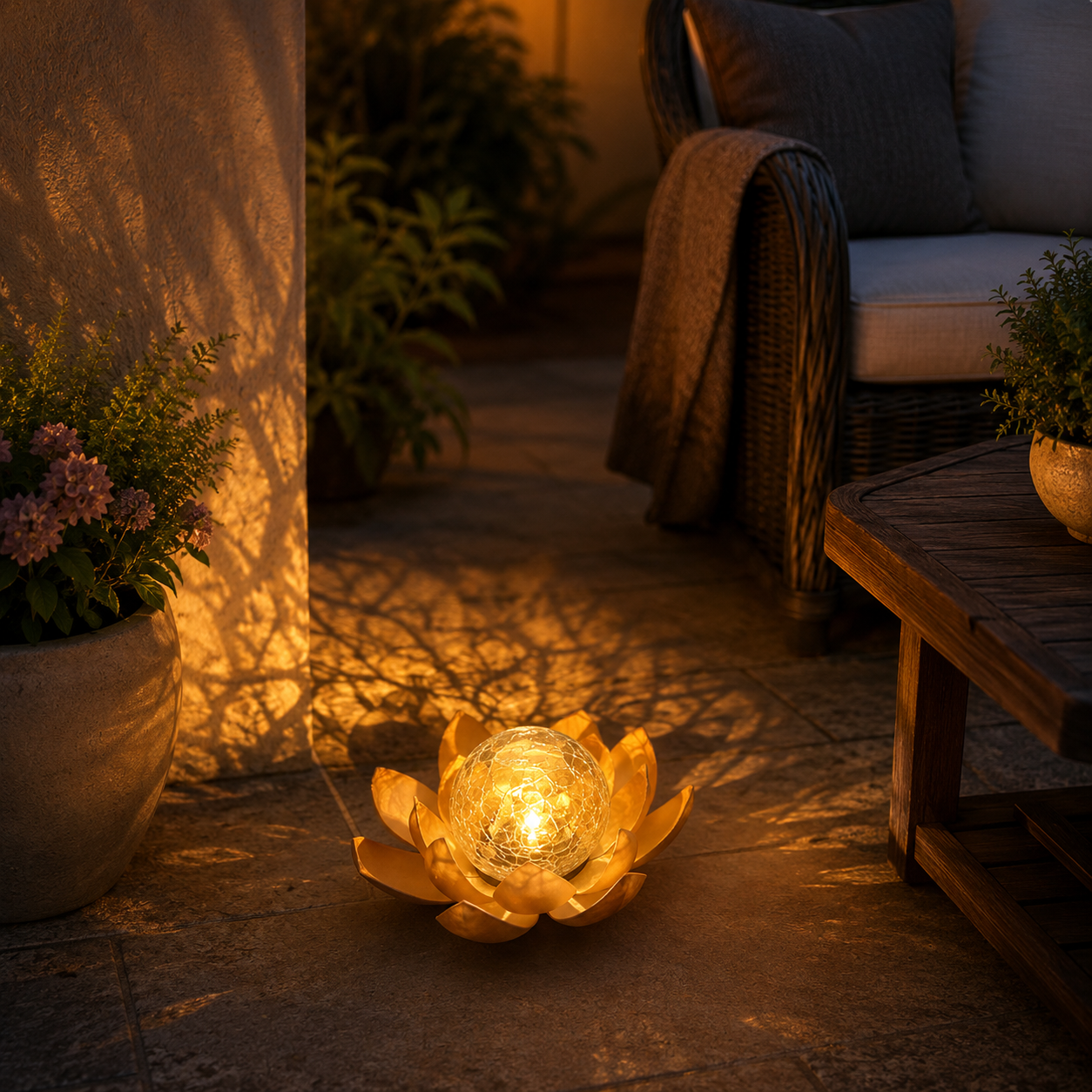 Solar Lotus Garden Light with Warm Crackle Glass Glow