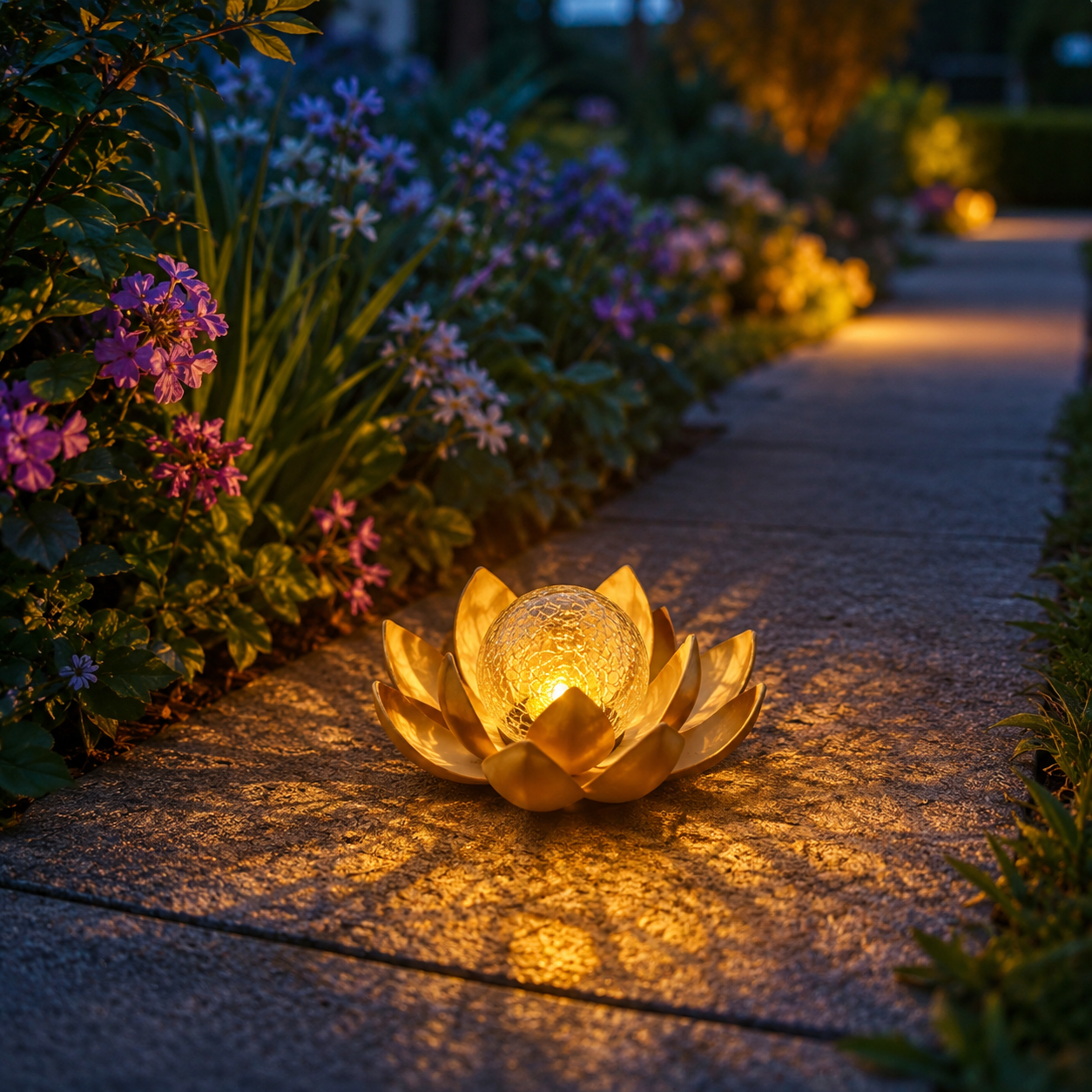Solar Lotus Garden Light with Warm Crackle Glass Glow