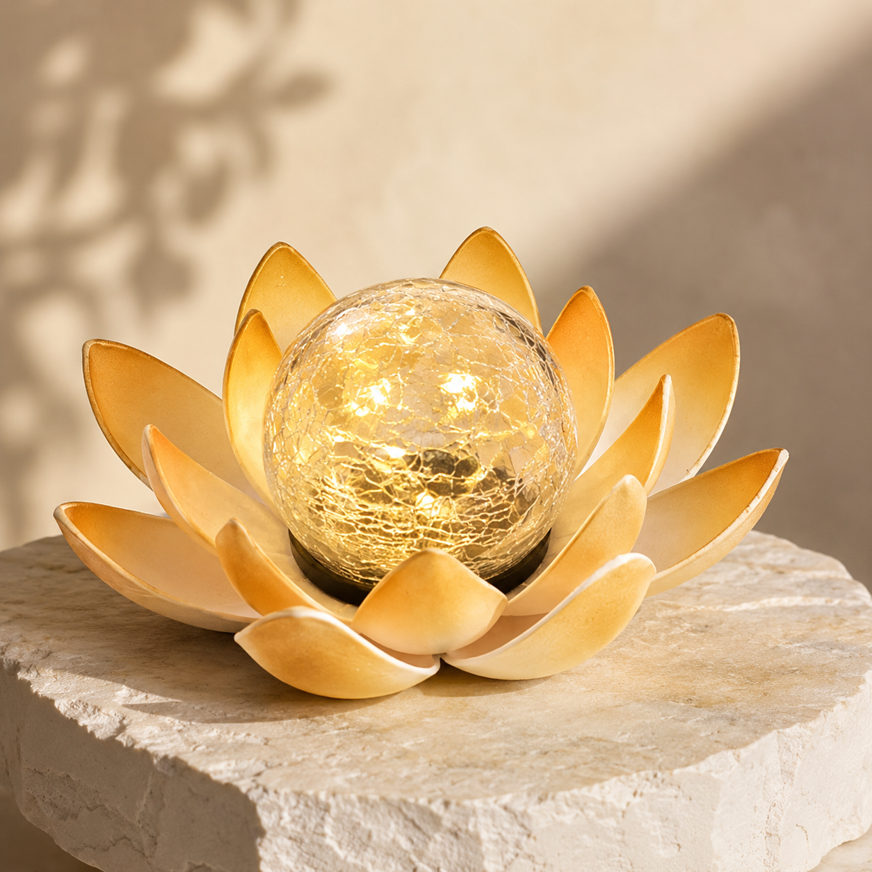 Solar Lotus Garden Light with Warm Crackle Glass Glow