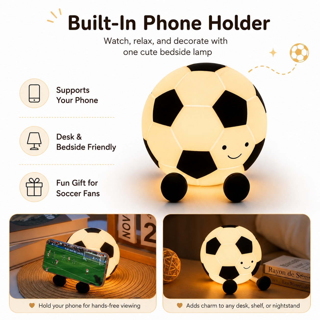 Soccer Ball Rechargeable Night Light with Phone Holder