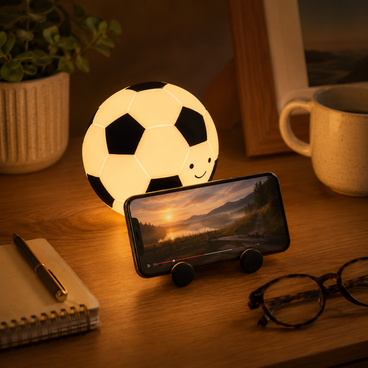 Soccer Ball Rechargeable Night Light with Phone Holder