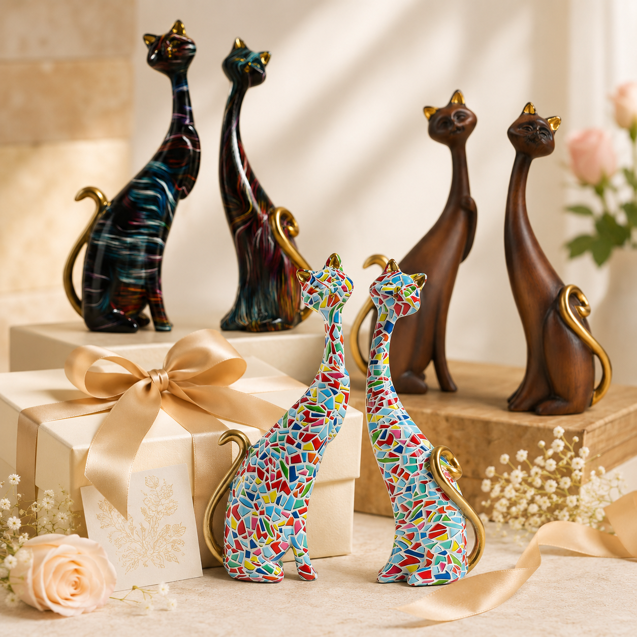 Abstract Cat Figurine Set