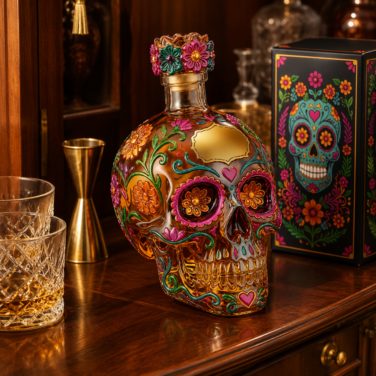 Midnight Marigold Skull Decanter