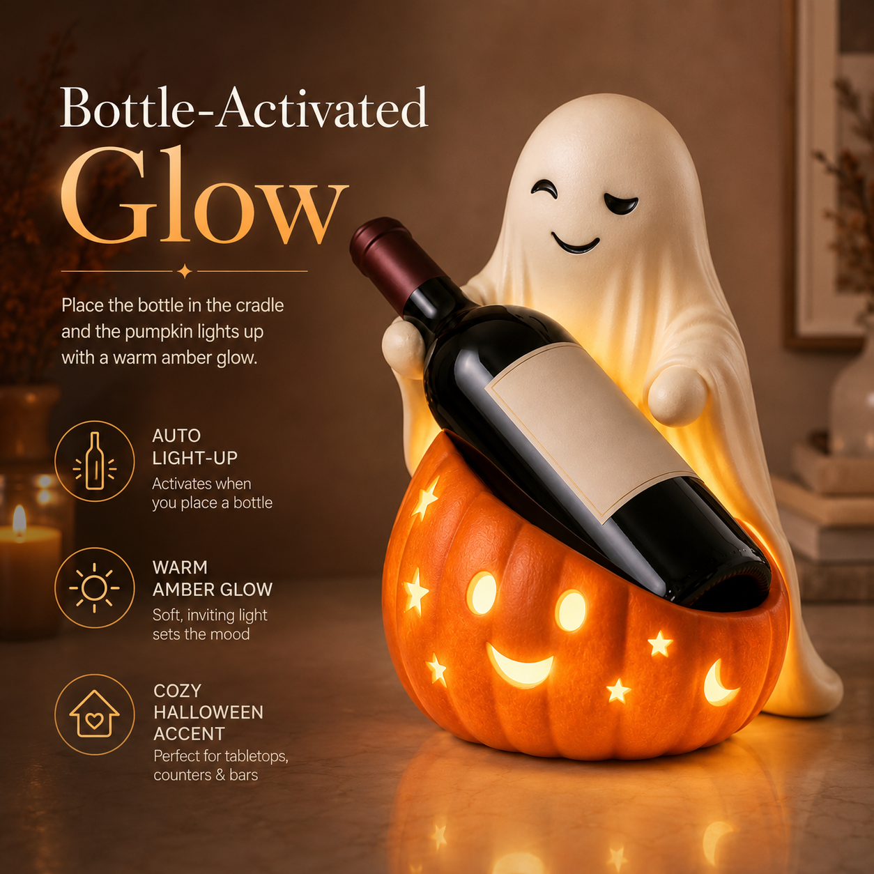 Lighted Ghost & Pumpkin Wine Holder