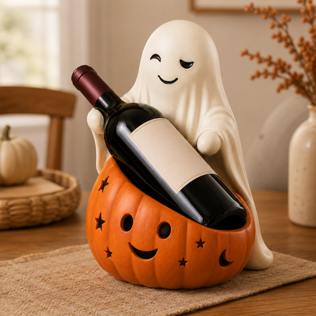 Lighted Ghost & Pumpkin Wine Holder