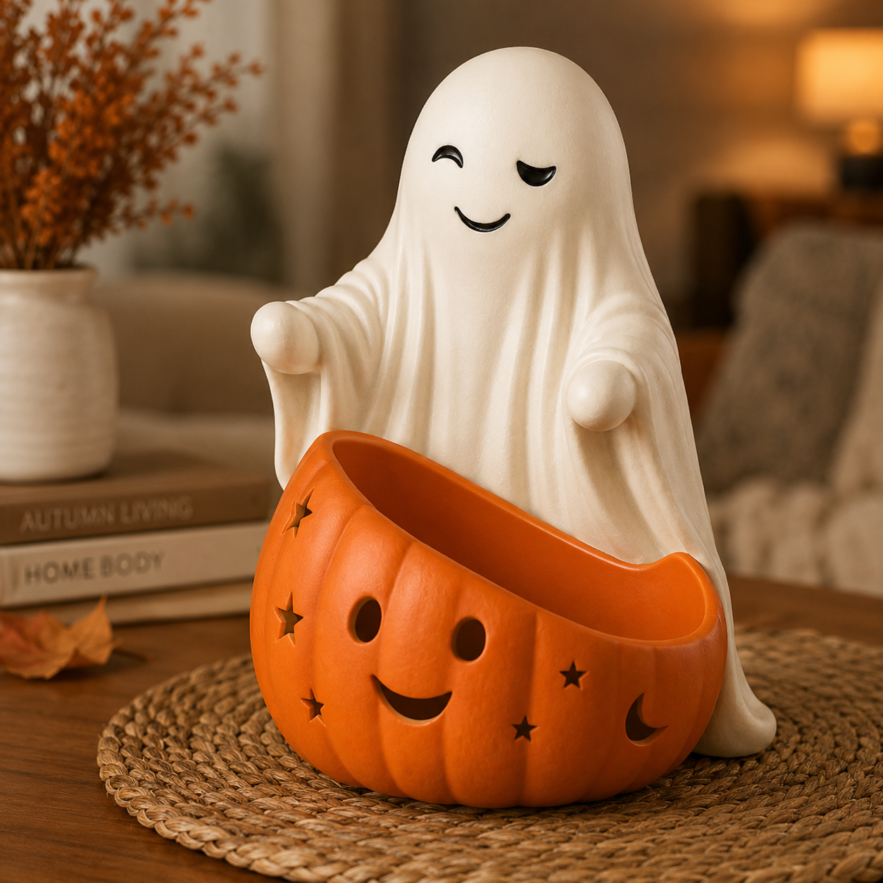 Lighted Ghost & Pumpkin Wine Holder
