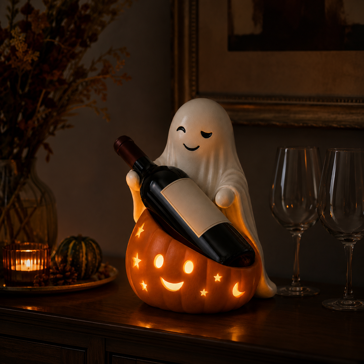 Lighted Ghost & Pumpkin Wine Holder