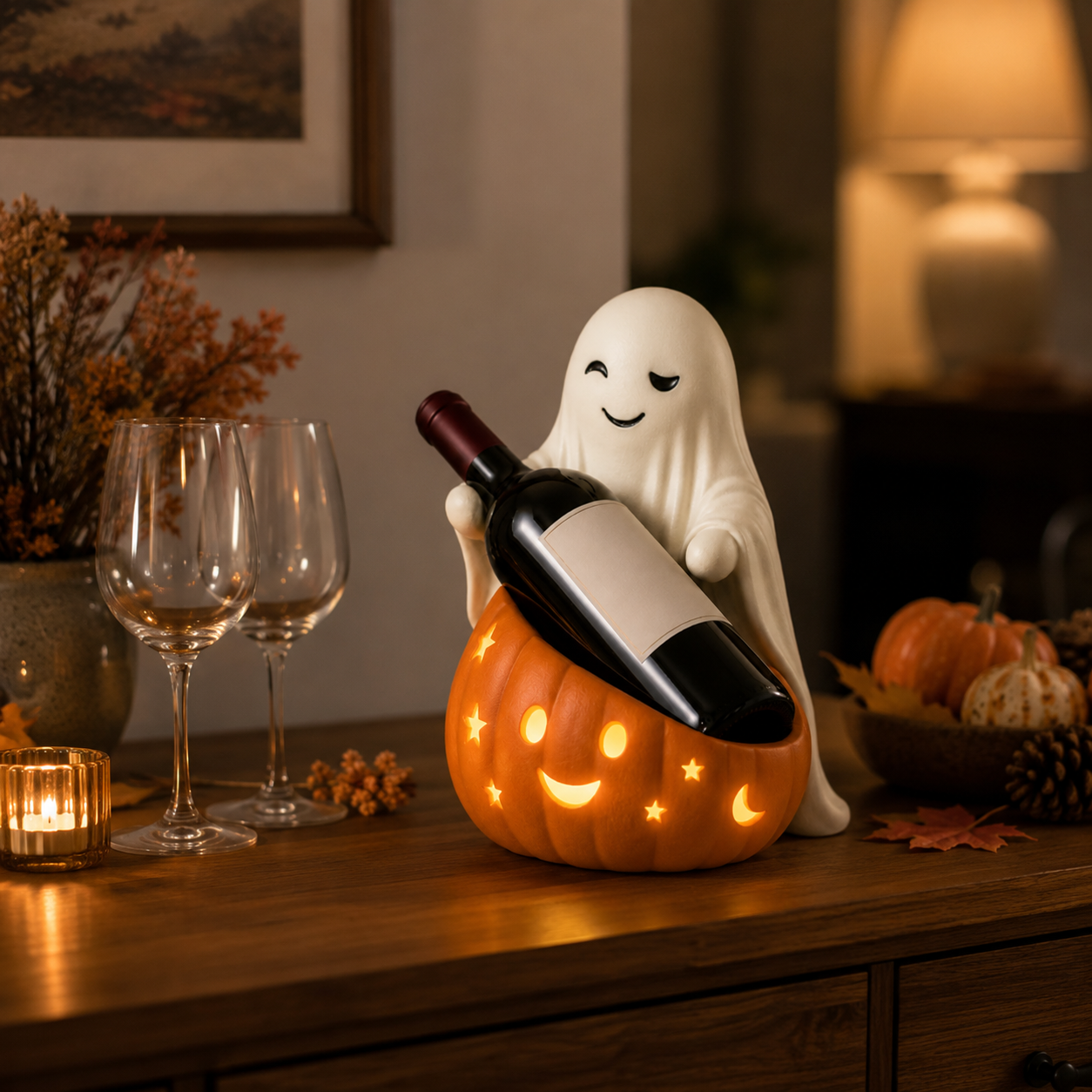 Lighted Ghost & Pumpkin Wine Holder