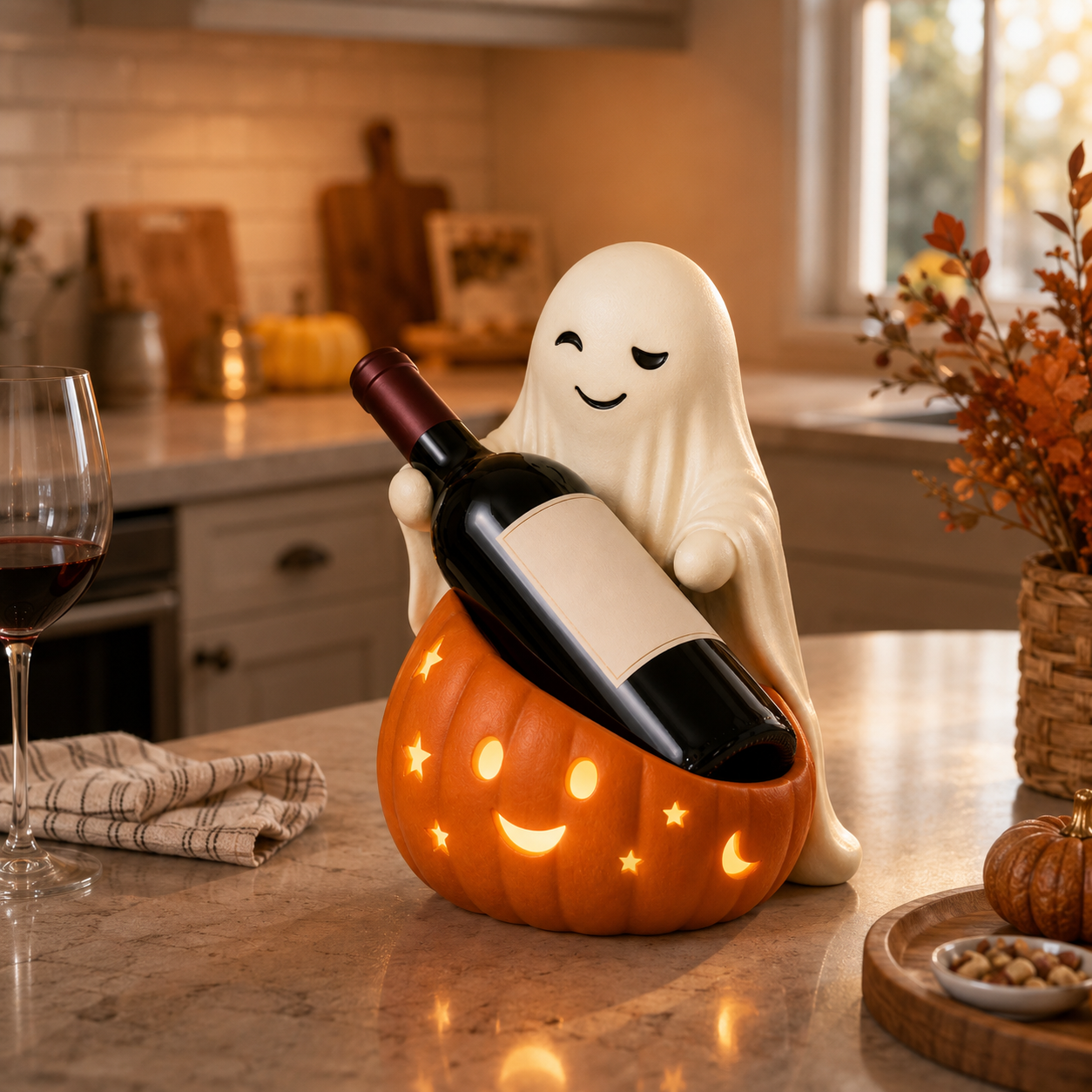 Lighted Ghost & Pumpkin Wine Holder