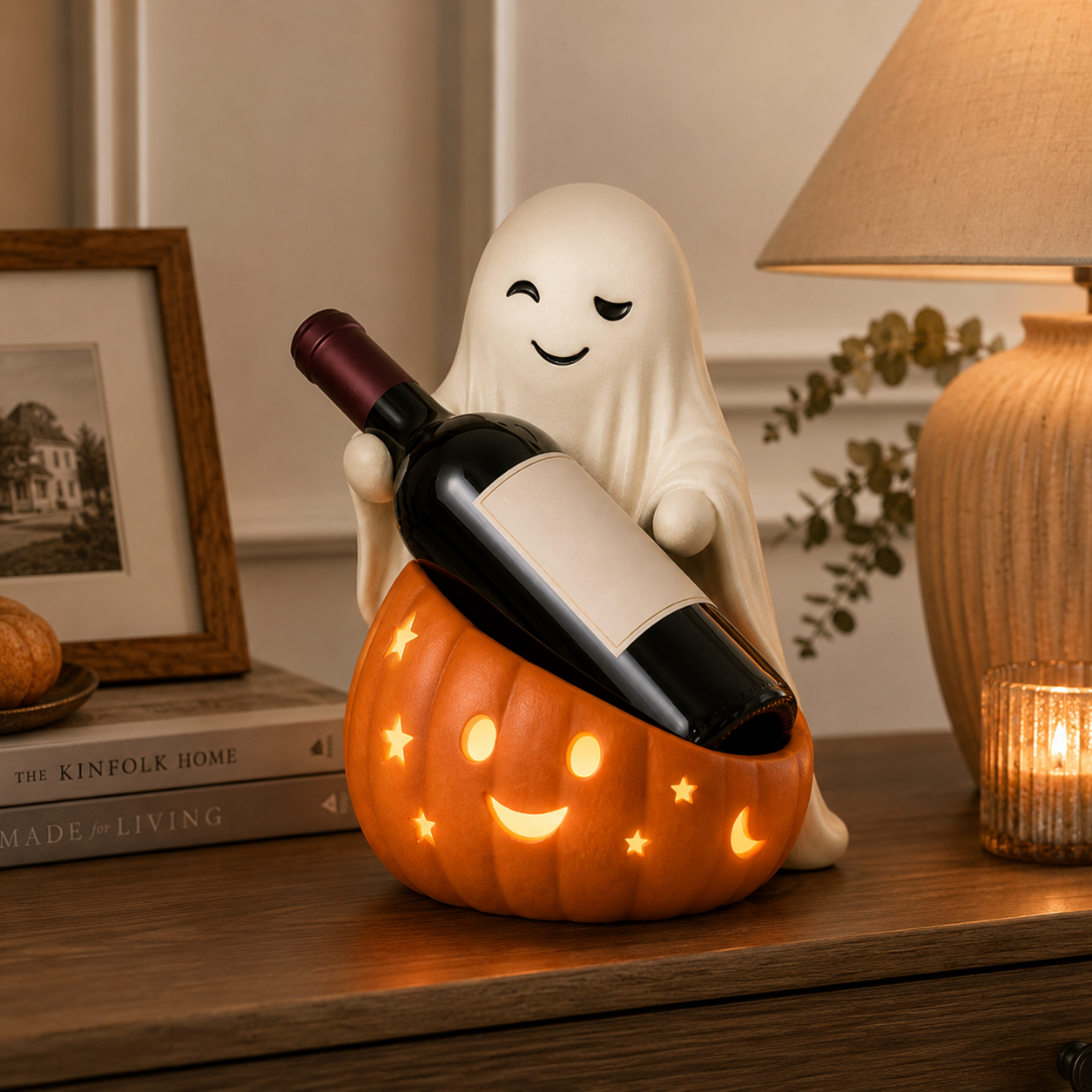 Lighted Ghost & Pumpkin Wine Holder