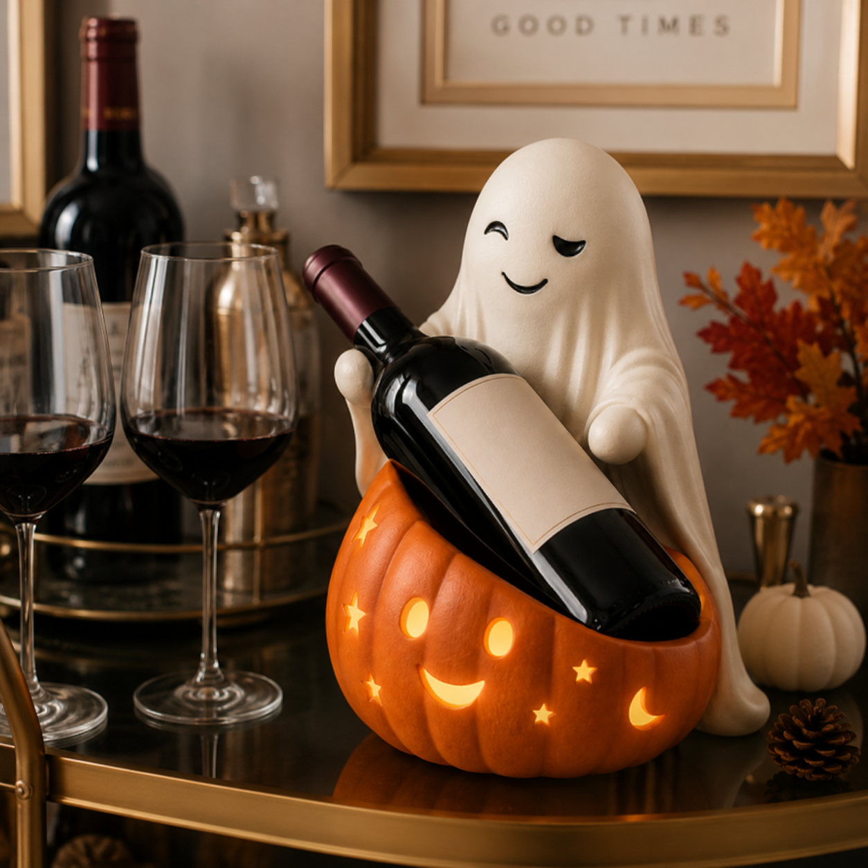 Lighted Ghost & Pumpkin Wine Holder