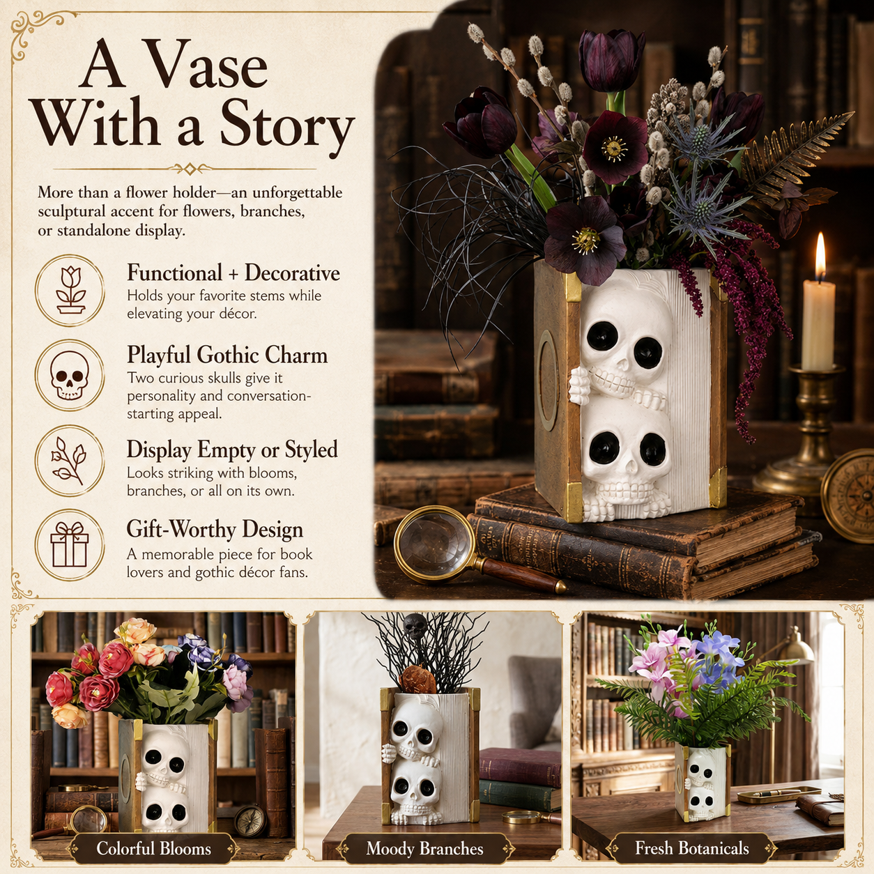 Peekaboo Skull Book Vase
