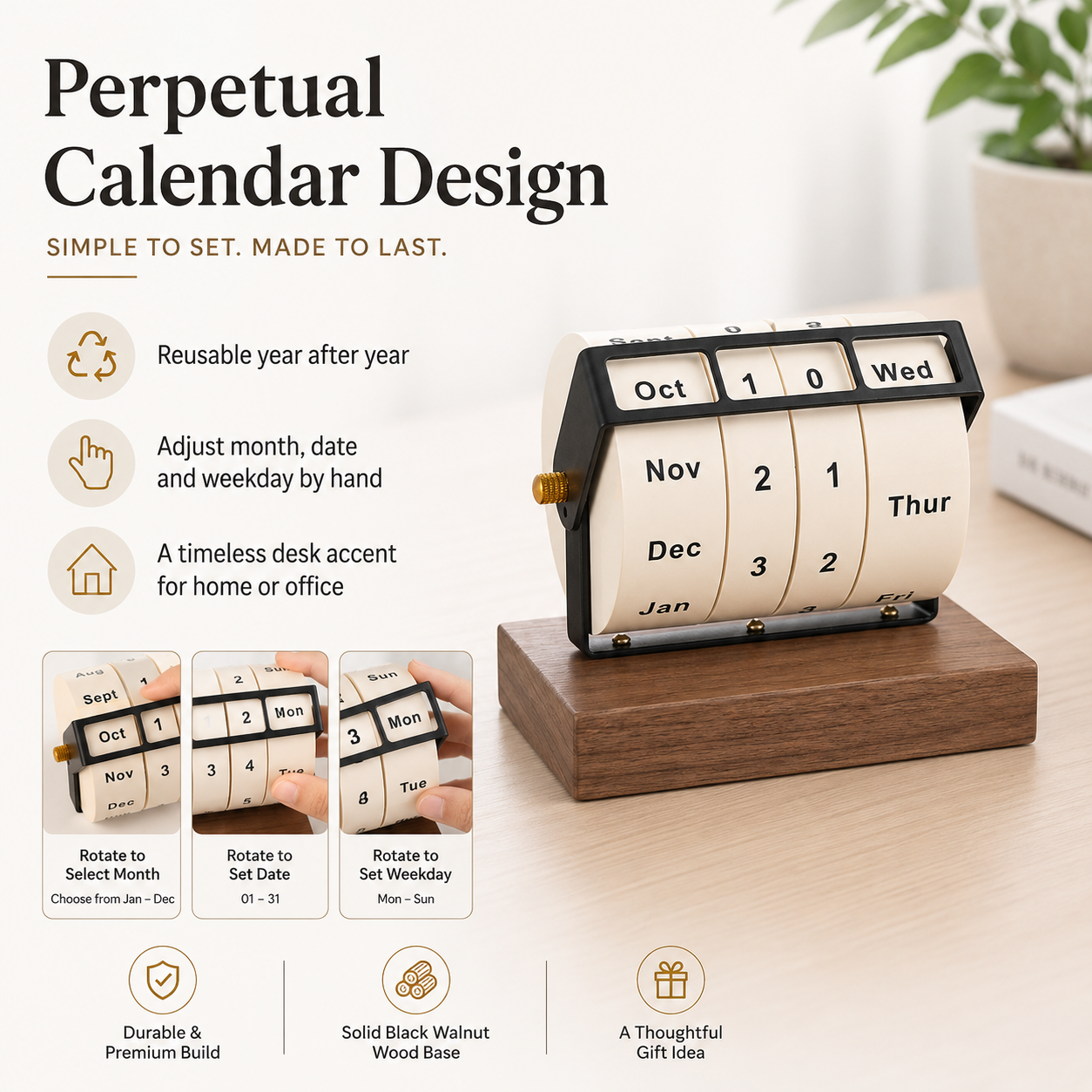 Black Walnut Wood Perpetual Desk Calendar – Rotating Wheel Wooden Base, Modern Desktop Décor
