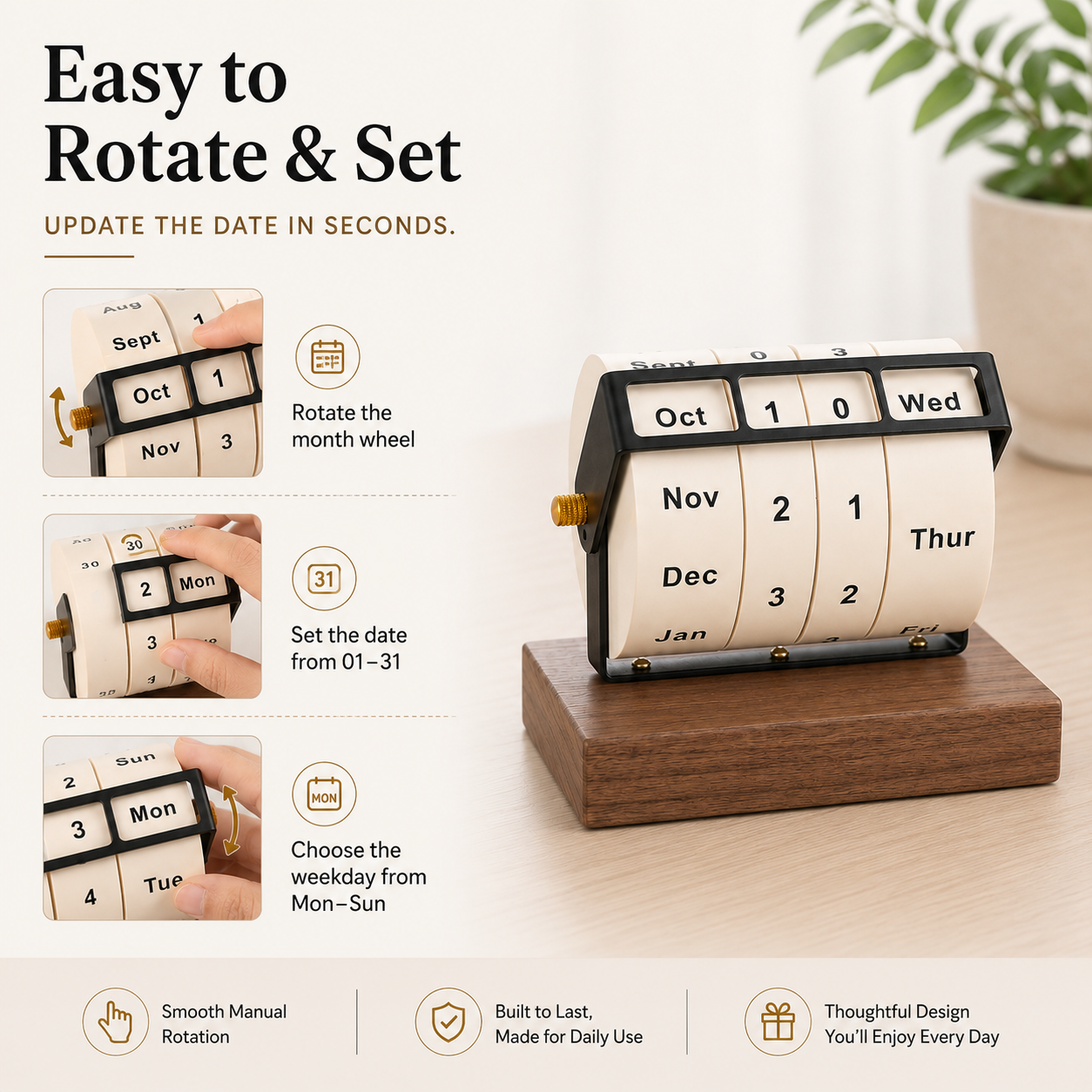 Black Walnut Wood Perpetual Desk Calendar – Rotating Wheel Wooden Base, Modern Desktop Décor