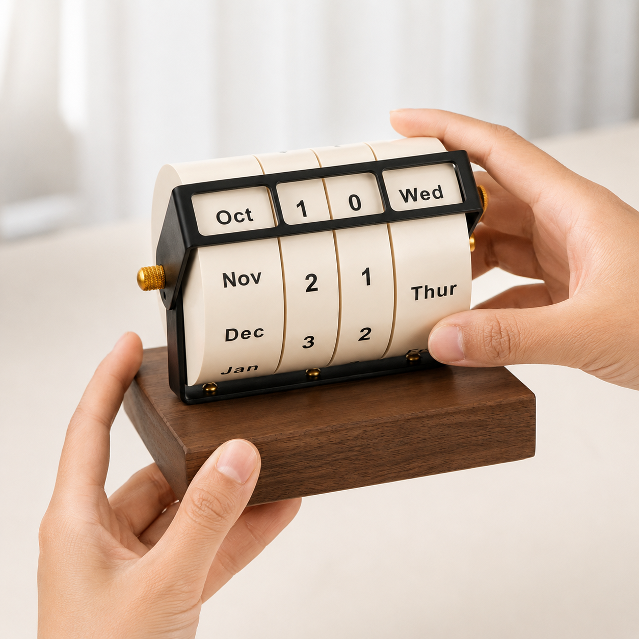 Black Walnut Wood Perpetual Desk Calendar – Rotating Wheel Wooden Base, Modern Desktop Décor