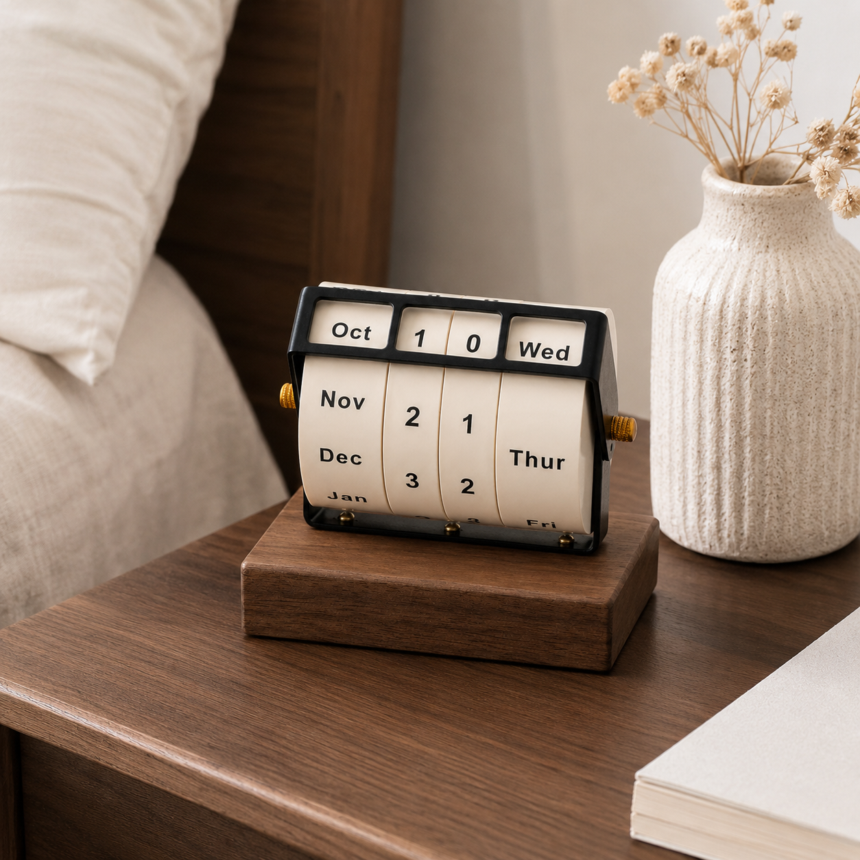 Black Walnut Wood Perpetual Desk Calendar – Rotating Wheel Wooden Base, Modern Desktop Décor