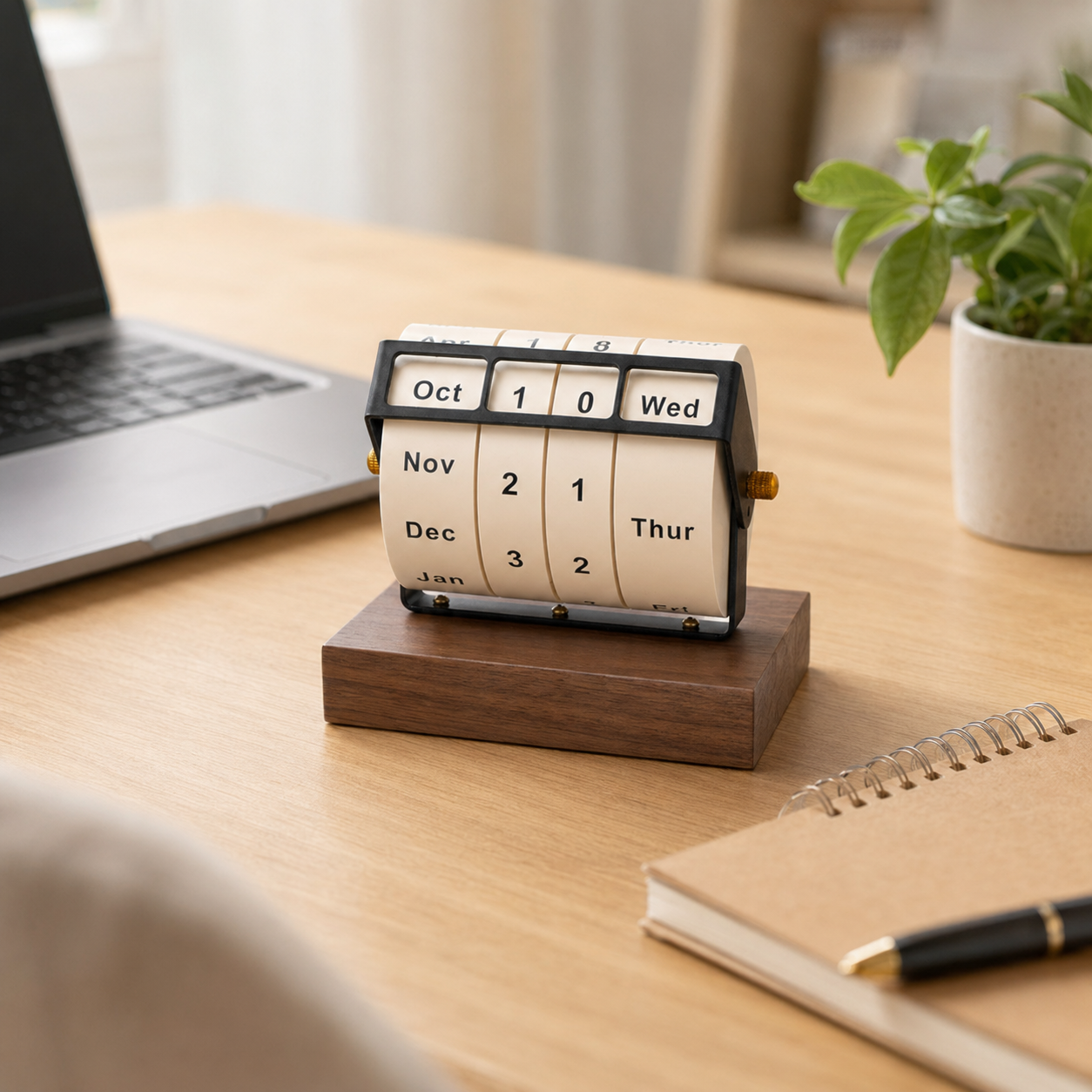 Black Walnut Wood Perpetual Desk Calendar – Rotating Wheel Wooden Base, Modern Desktop Décor