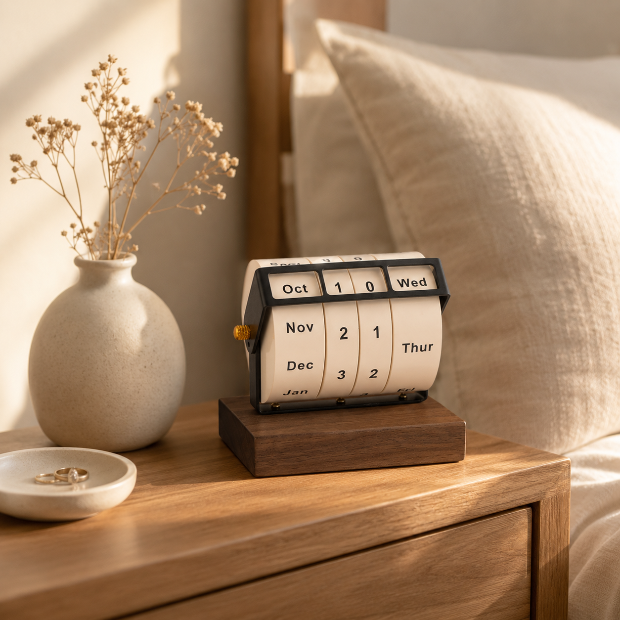 Black Walnut Wood Perpetual Desk Calendar – Rotating Wheel Wooden Base, Modern Desktop Décor