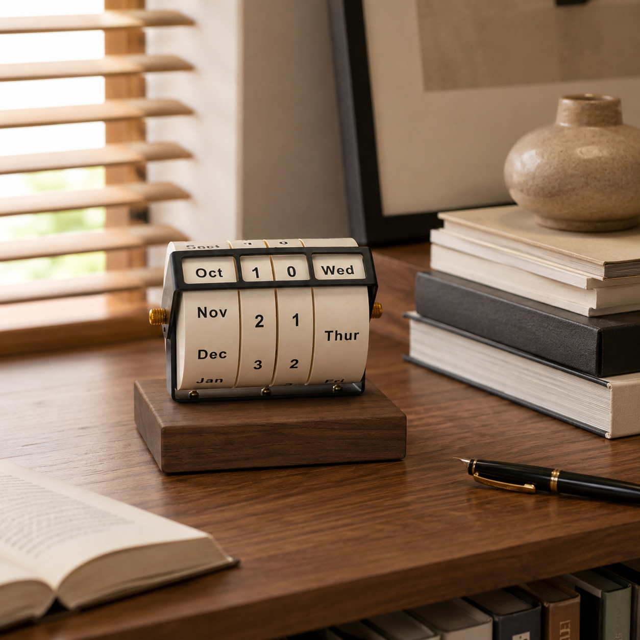 Black Walnut Wood Perpetual Desk Calendar – Rotating Wheel Wooden Base, Modern Desktop Décor