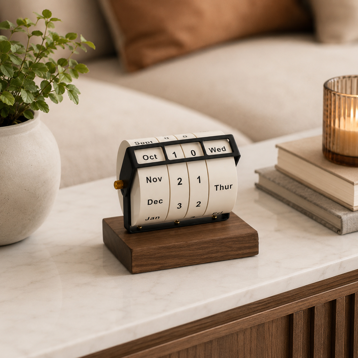 Black Walnut Wood Perpetual Desk Calendar – Rotating Wheel Wooden Base, Modern Desktop Décor