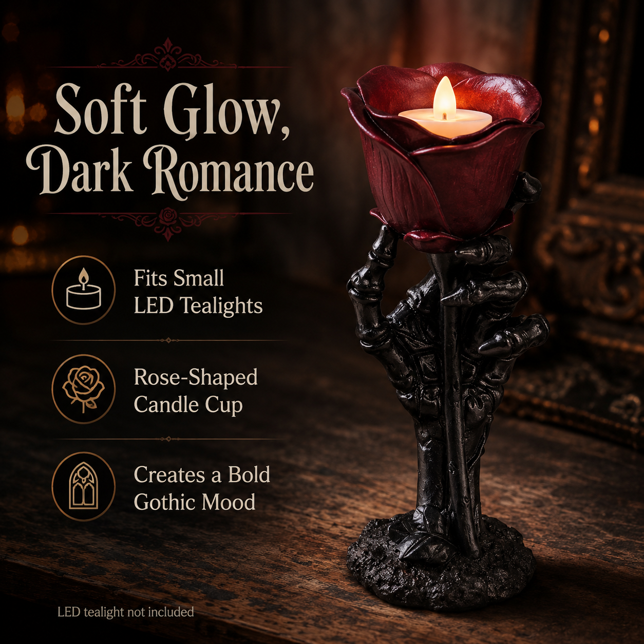Gothic Skeleton Hand Glowing Rose Candle Holder
