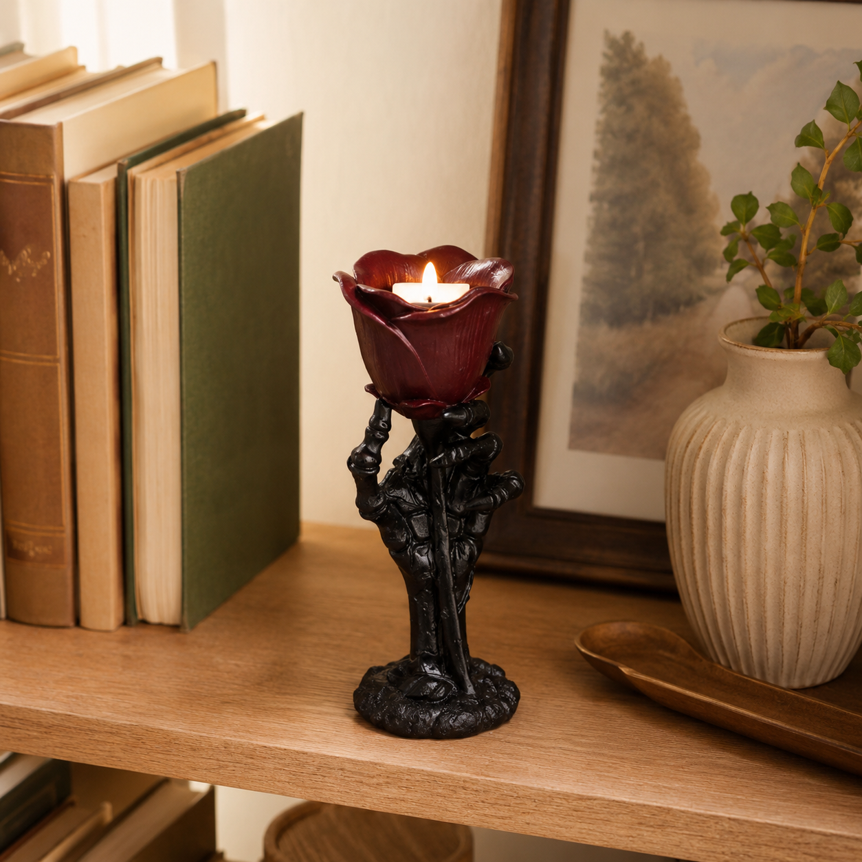 Gothic Skeleton Hand Glowing Rose Candle Holder