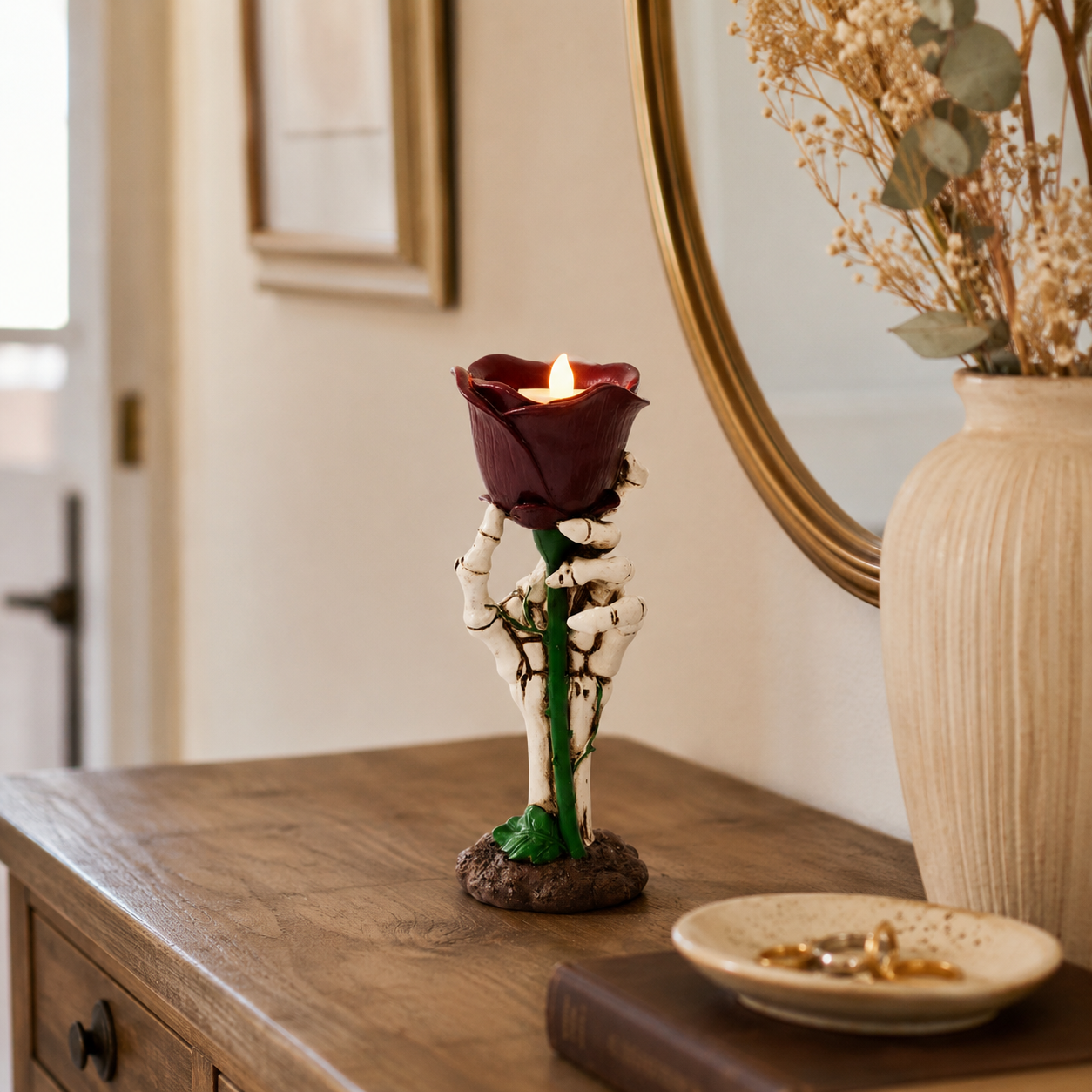 Gothic Skeleton Hand Glowing Rose Candle Holder