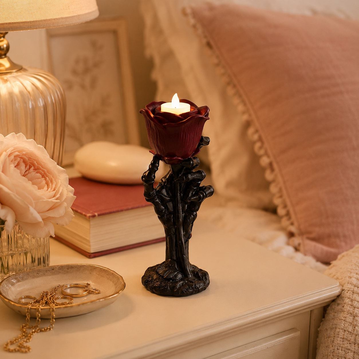 Gothic Skeleton Hand Glowing Rose Candle Holder