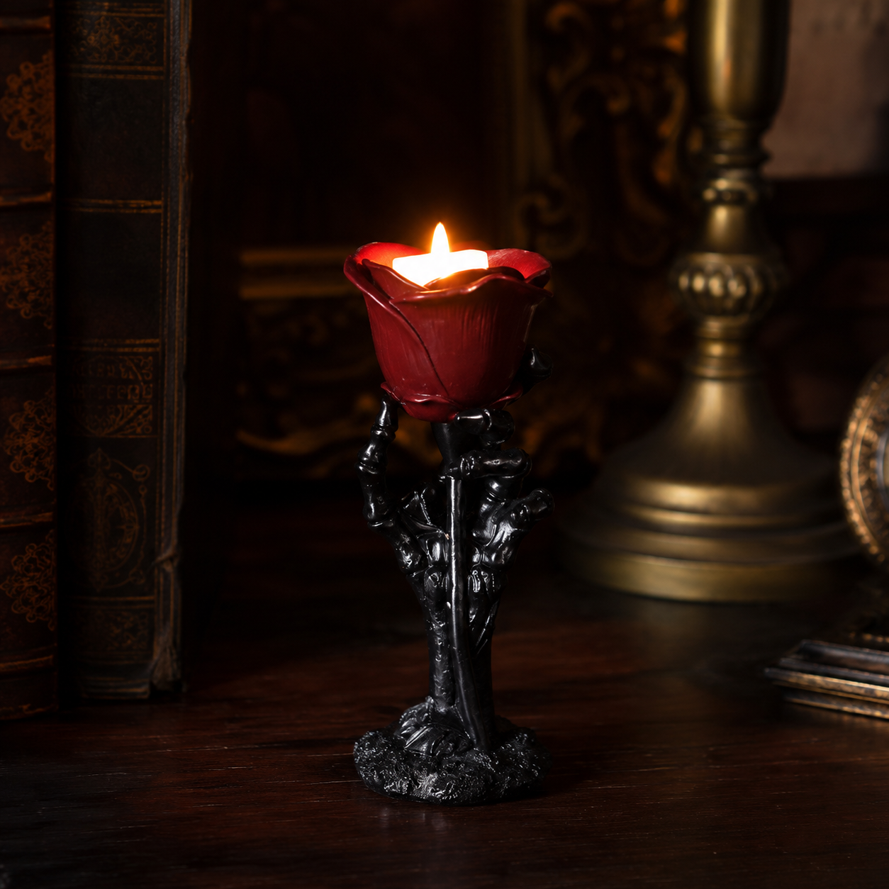 Gothic Skeleton Hand Glowing Rose Candle Holder