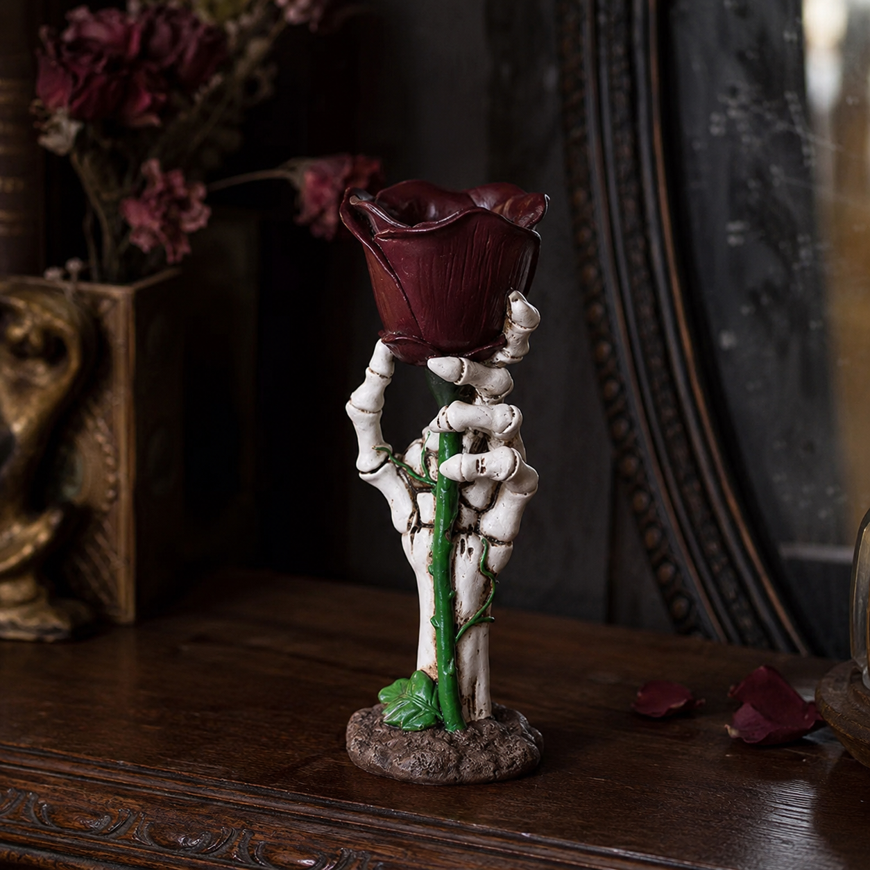 Gothic Skeleton Hand Glowing Rose Candle Holder