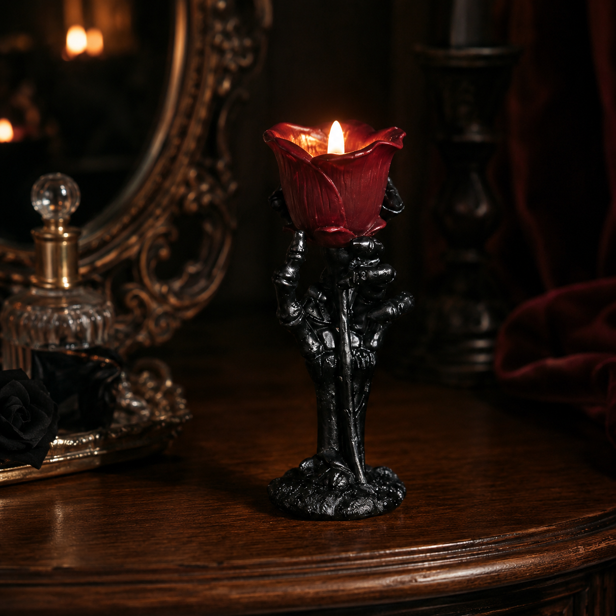 Gothic Skeleton Hand Glowing Rose Candle Holder