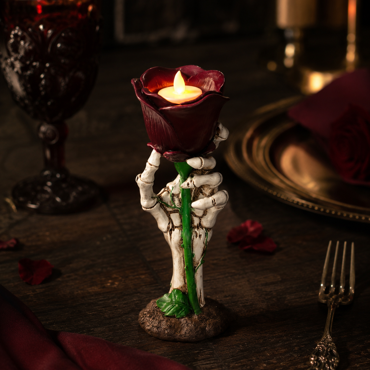 Gothic Skeleton Hand Glowing Rose Candle Holder