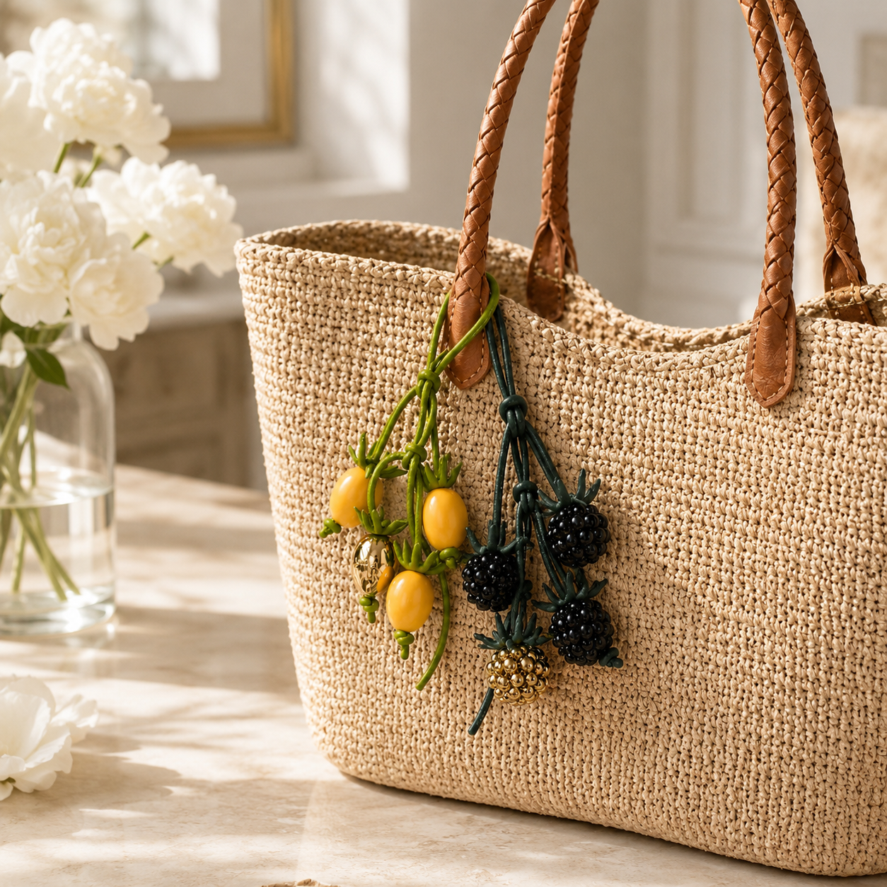 Handwoven Leather Botanical Bag Charm