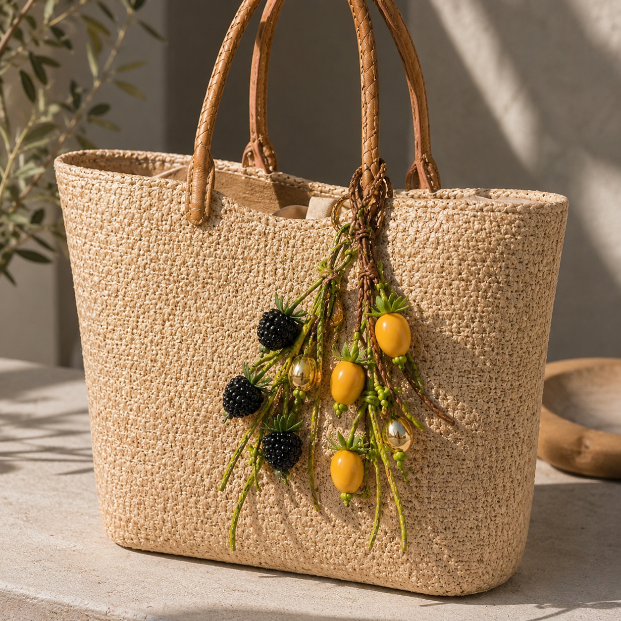 Handwoven Leather Botanical Bag Charm