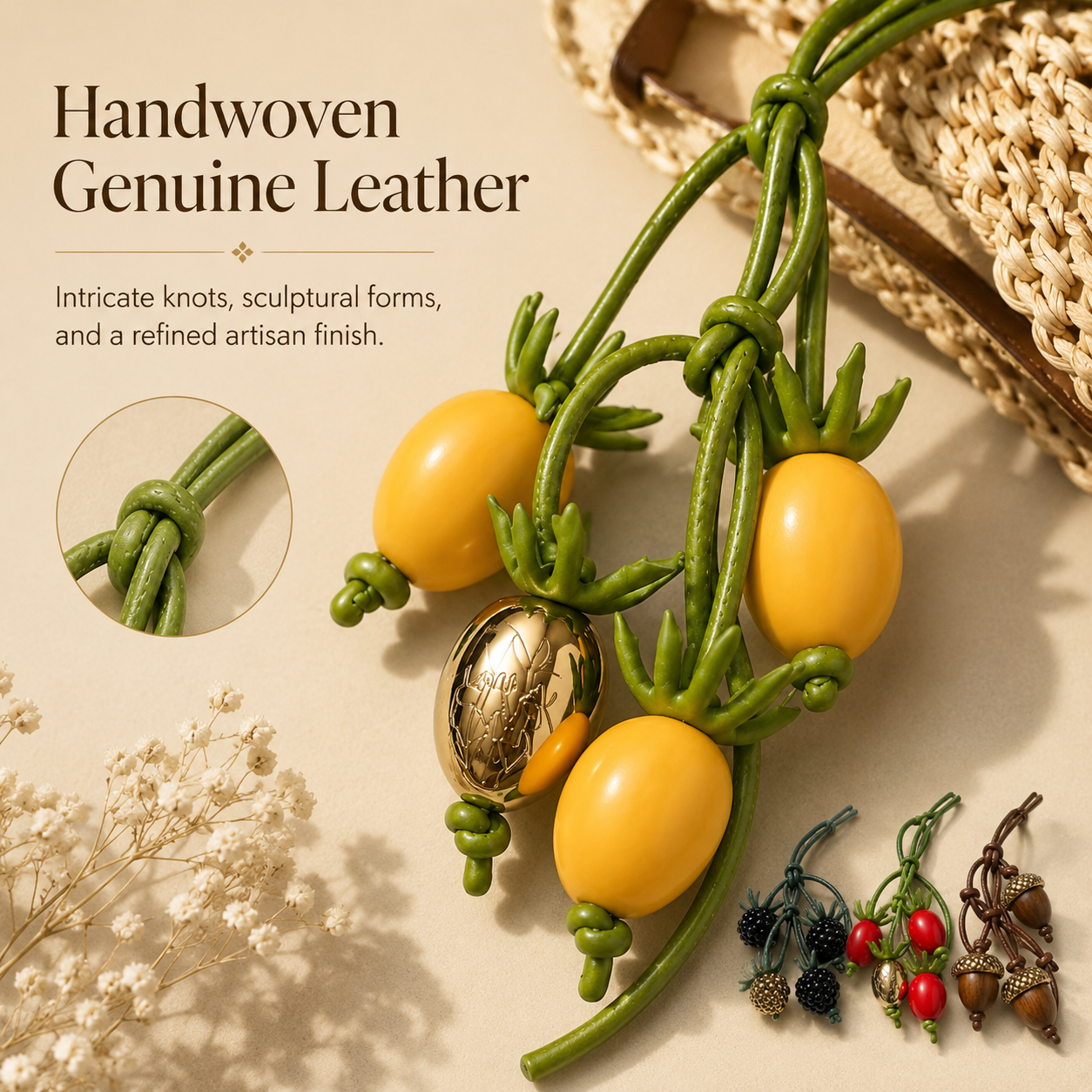 Handwoven Leather Botanical Bag Charm