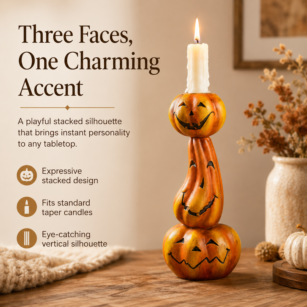 Crooked Grin Pumpkin Stack Candle Holder