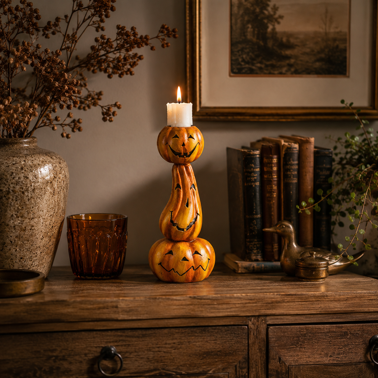 Crooked Grin Pumpkin Stack Candle Holder