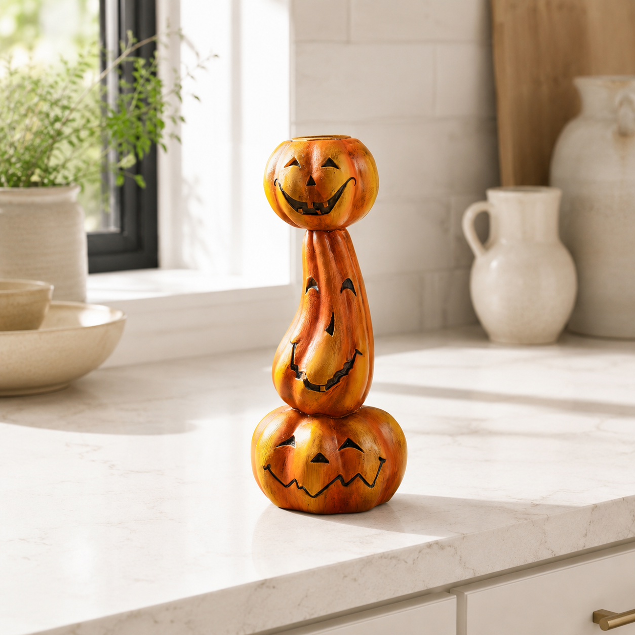Crooked Grin Pumpkin Stack Candle Holder