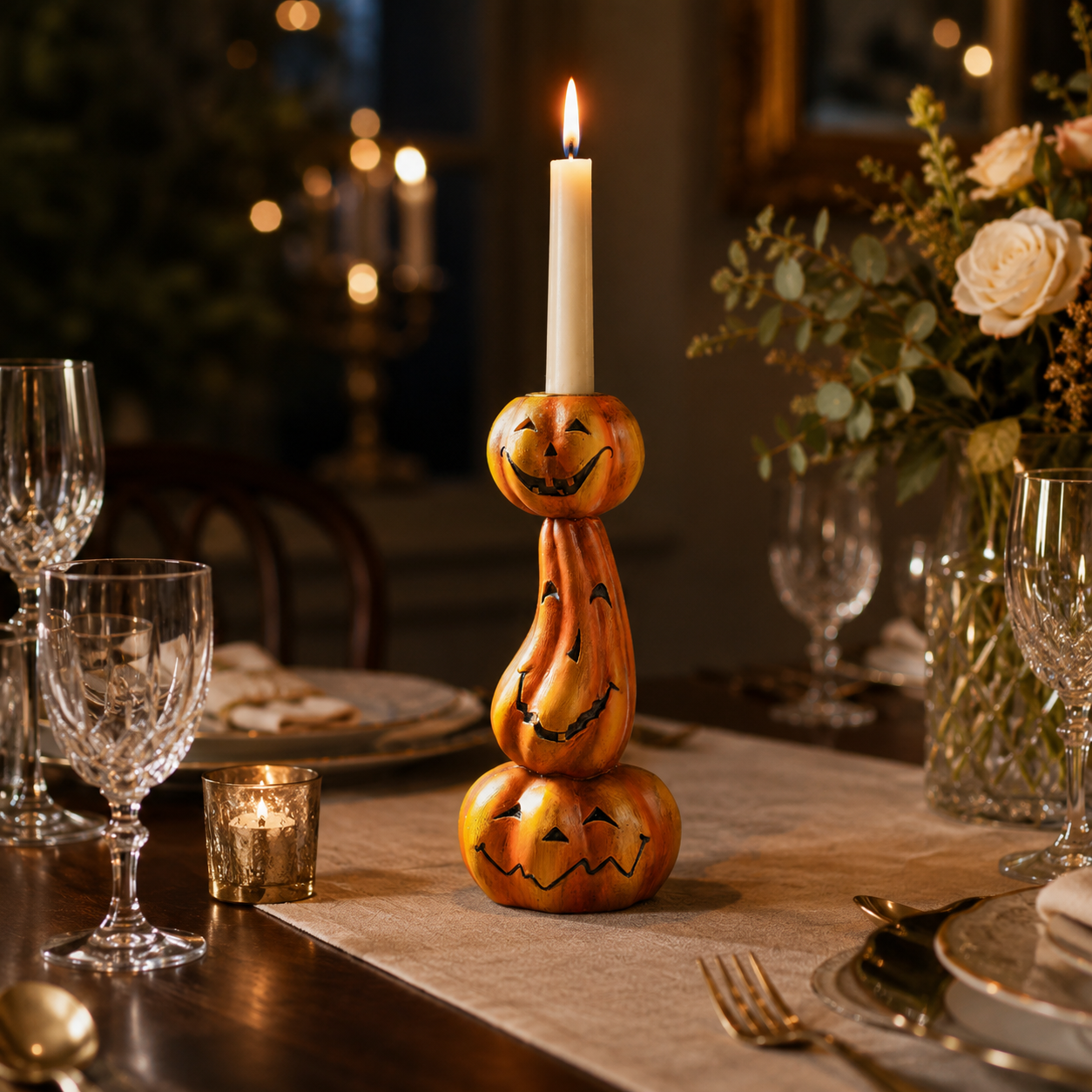 Crooked Grin Pumpkin Stack Candle Holder