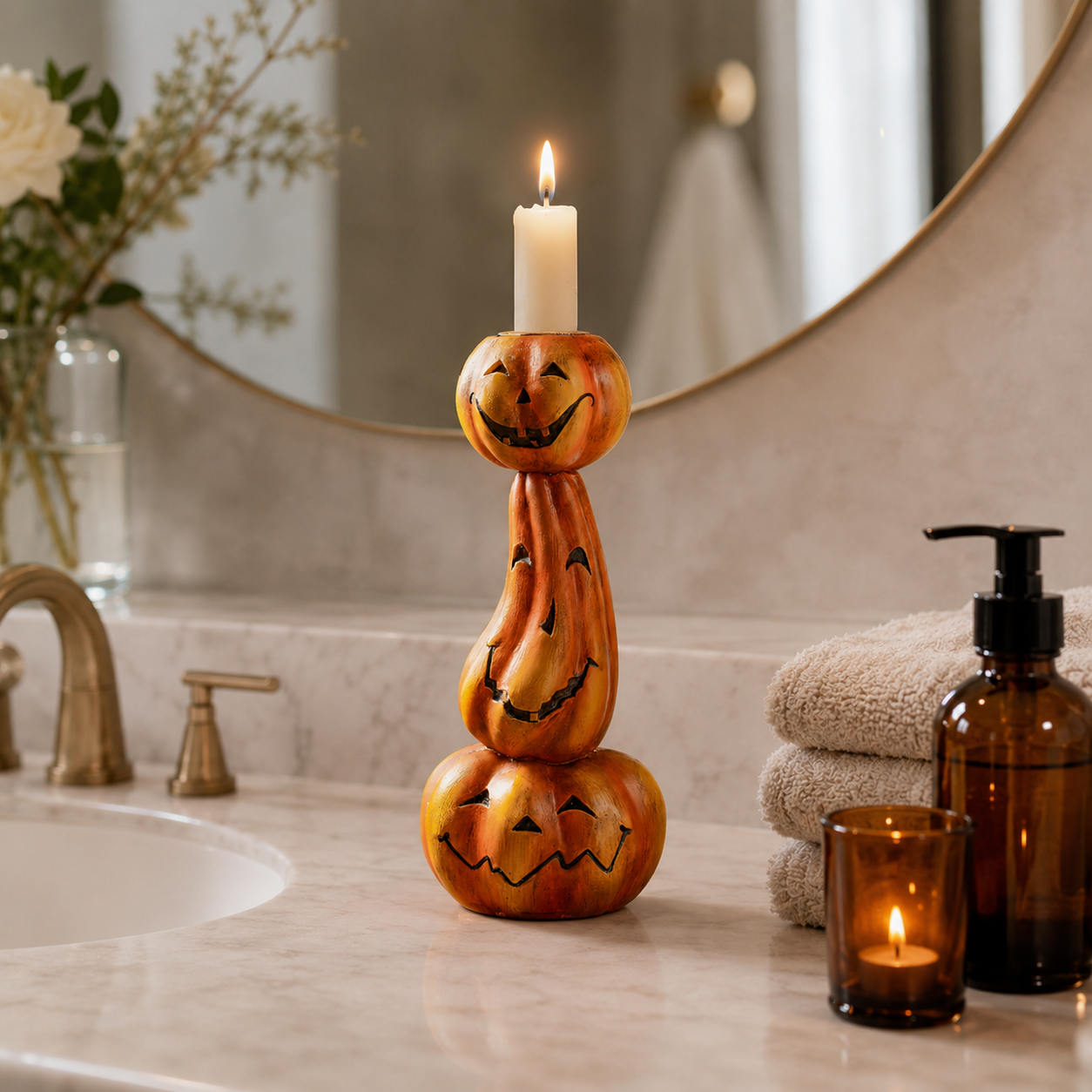 Crooked Grin Pumpkin Stack Candle Holder
