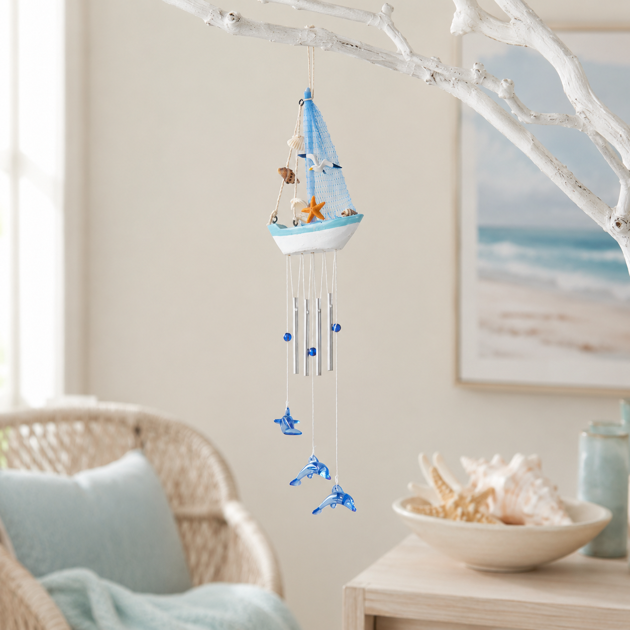 Coastal Sailboat Wind Chime with Dolphin Charms