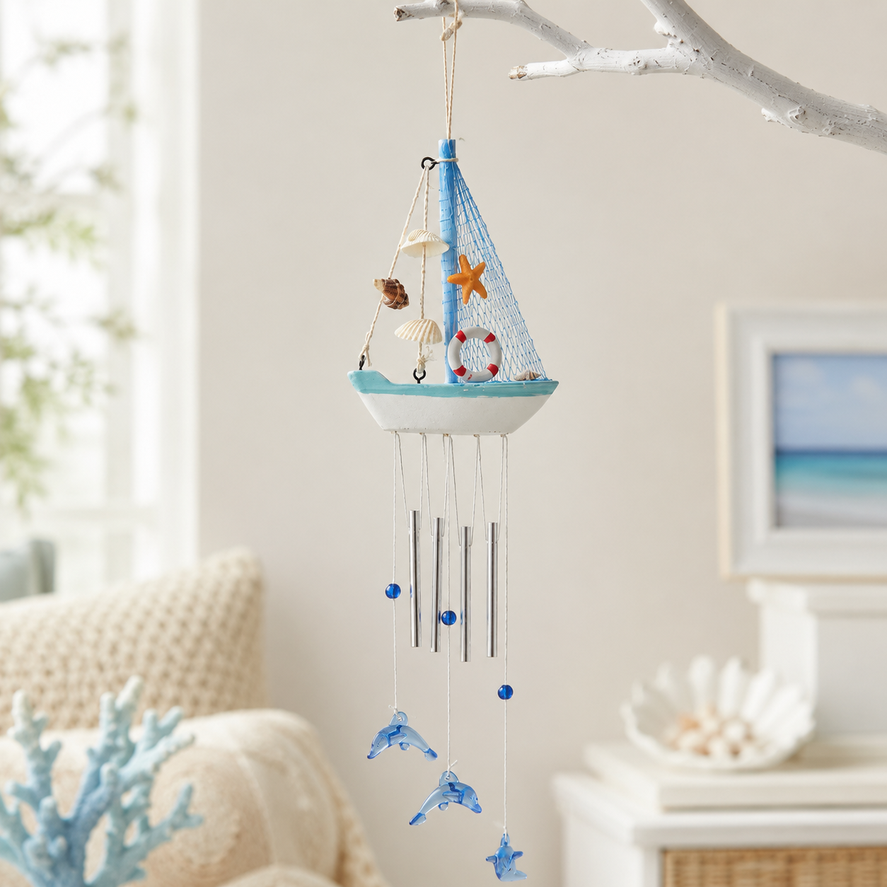 Coastal Sailboat Wind Chime with Dolphin Charms