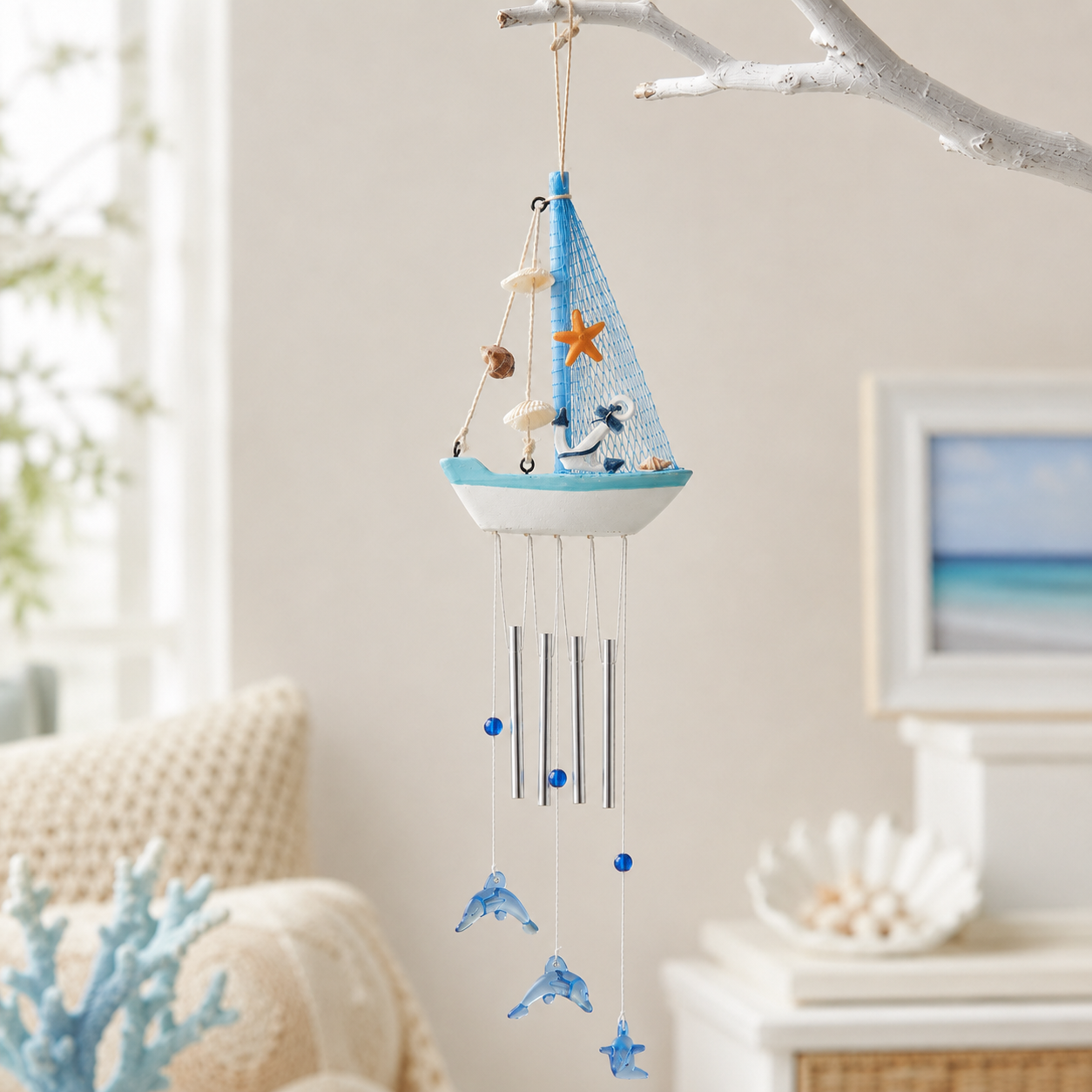 Coastal Sailboat Wind Chime with Dolphin Charms