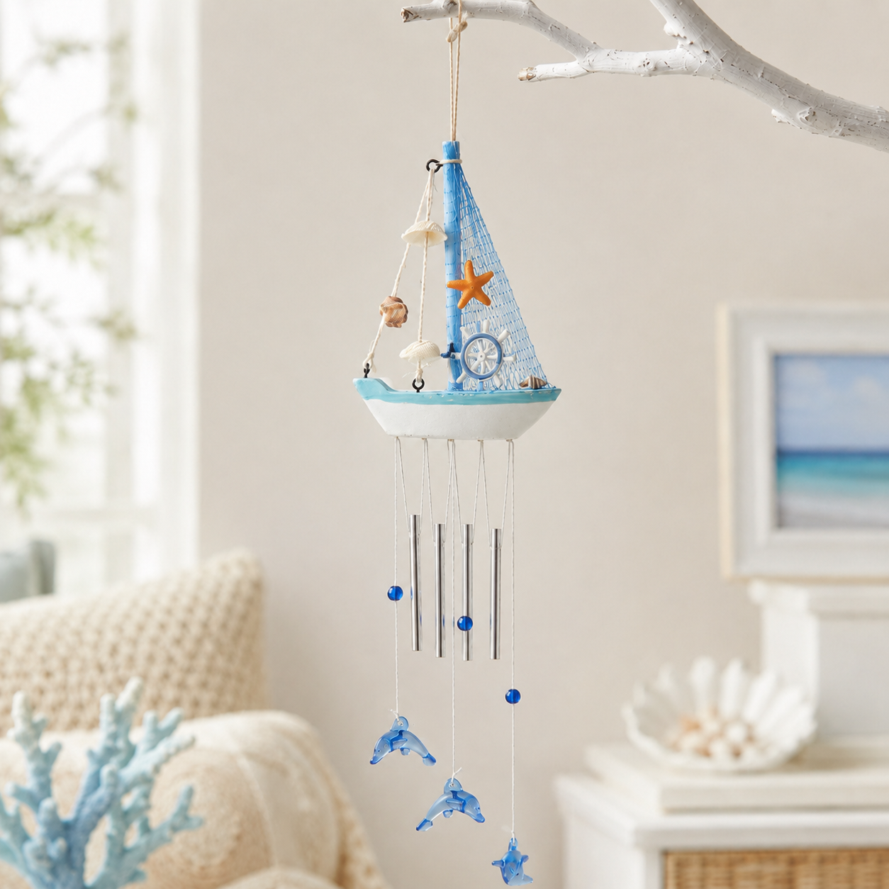 Coastal Sailboat Wind Chime with Dolphin Charms