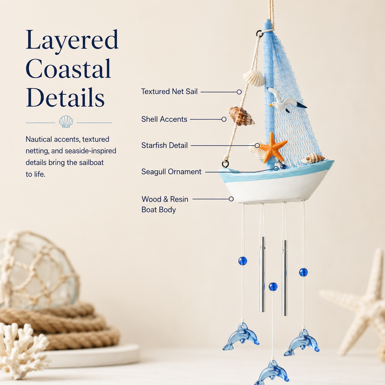 Coastal Sailboat Wind Chime with Dolphin Charms